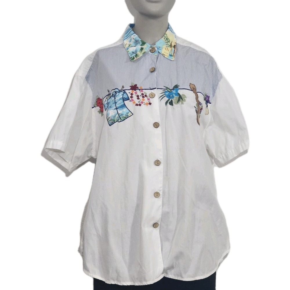 Vintage Bill Blass Shirt Women's Sz M Embroidered Button Up  White Art To Wear - Picture 13 of 14